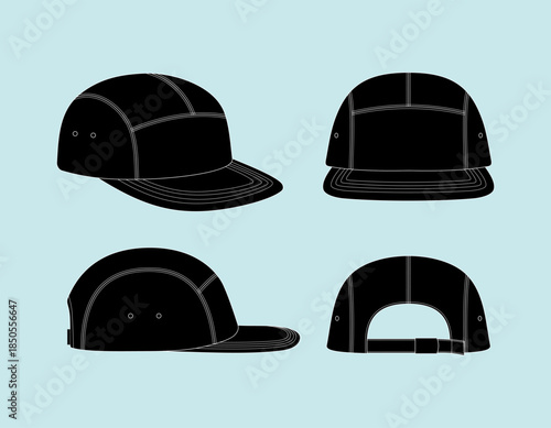 hat template vector, Snapback hat  Technical Drawing Illustration Blank Streetwear Mock-up Template, Blank White 5 Panels Baseball Cap, Meshbaseball cap vector template, technical hat apparel vector