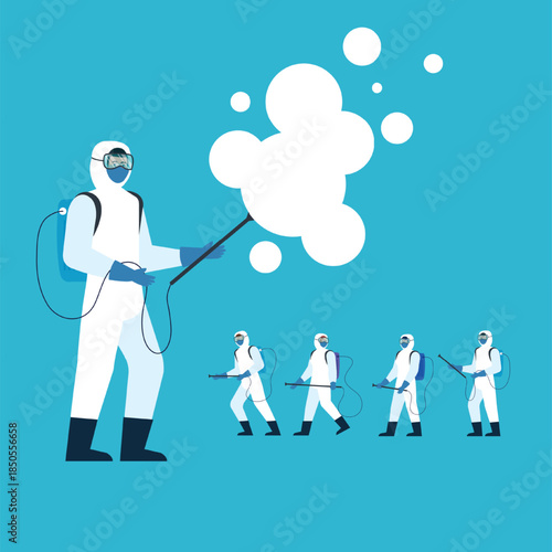 Disinfection Team in Protective Suits Spraying Sanitizer