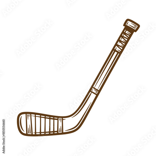 Hand drawn sketch of a classic hockey stick in brown on a white background