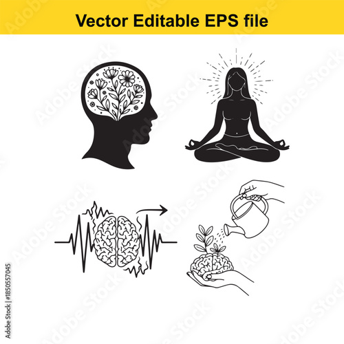  black silhouettes of a human head with a tree inside, a meditating woman, a brain with an ecg line, and a hand holding a growing plant