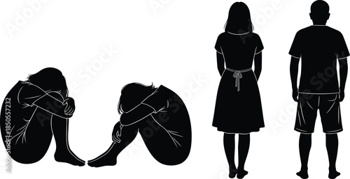 A vector illustration of people experiencing loneliness, depression, and isolation, featuring a man and woman with their backs turned and two figures in fetal positions.