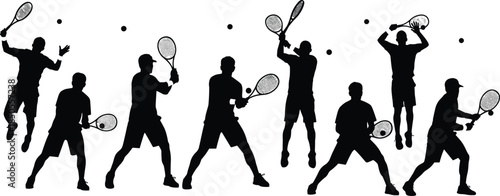 Dynamic tennis player silhouettes in various action poses, serving, smashing, and rallying on a white background, perfect for sports and fitness projects.