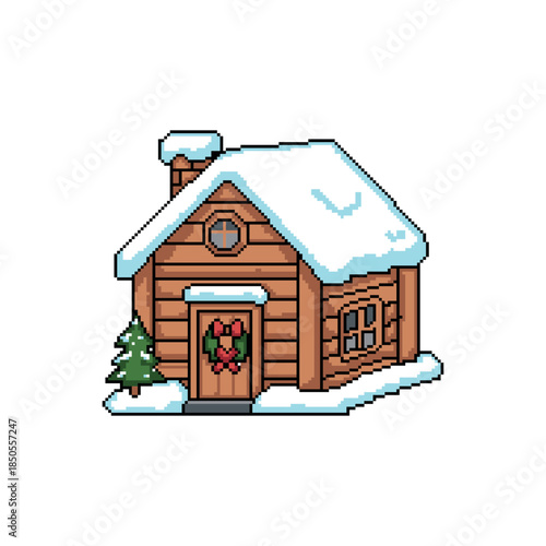 Snow-covered pixelated winter cabin house in 8-bit retro style, for Christmas and winter themes, game environments, pixel backgrounds, game assets, mobile games, holiday illustrations,