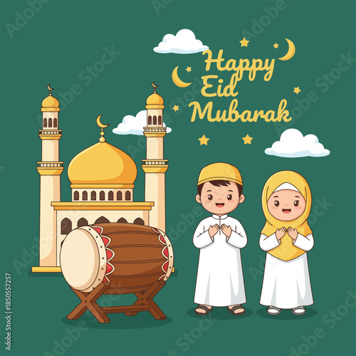 Cute Happy Eid Mubarak Greeting Card with Muslim Children and Mosque Illustration
