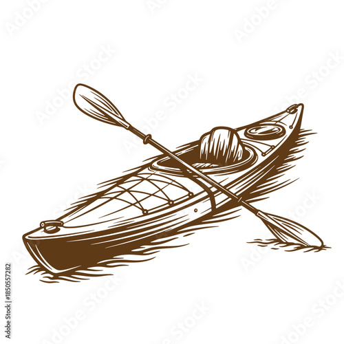 Vintage brown sketch of a kayak with paddle on water ready for outdoor adventure