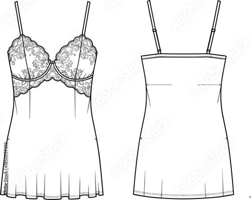 cad drawing flat vector illustration, lingerie slip dress sketch, fashion technical design, lace bust blueprint, adjustable strap layout, underwire cup detail