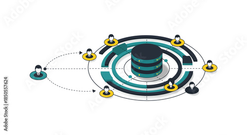 centralized data management platform connecting business users and database servers in a modern flat network diagram for it solutions