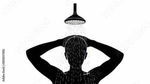 Silhouette of a person showering under a shower head.