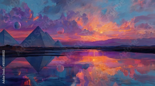 Majestic Pyramids Under Colorful Skies at Sunset Reflecting Water