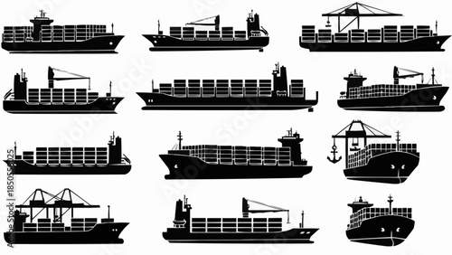 Collection of Cargo Ships and Container Vessels Silhouettes.