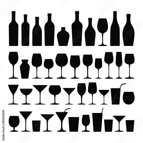 A collection of black silhouette glassware including bottles and wine glasses