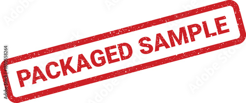 An aged rubber stamp with PACKAGED SAMPLE text for product samples and promotional materials