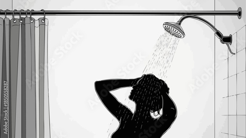 Silhouette of a person showering under a shower head.