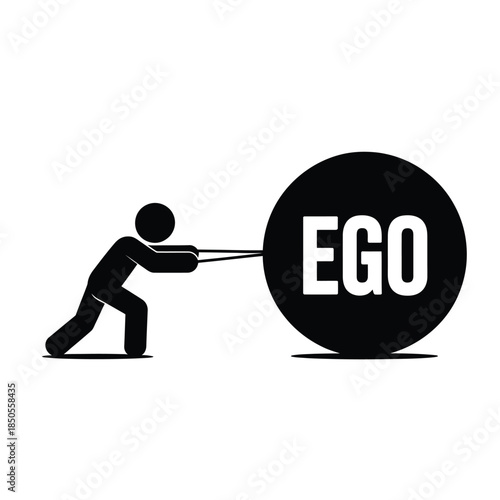 A person struggles to pull a large black sphere labeled ego
