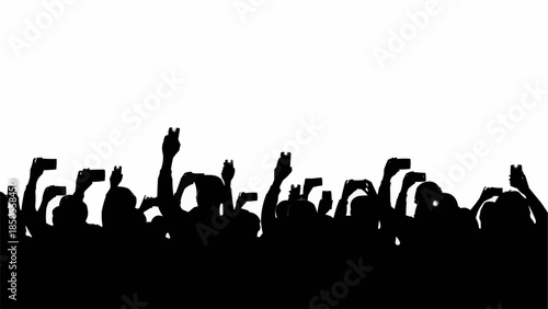 Silhouette of a crowd with hands raised holding phones.