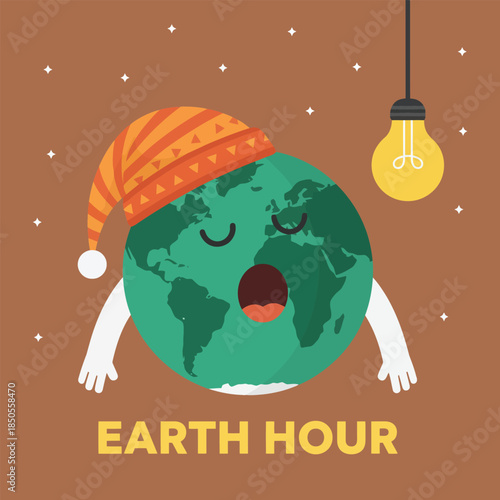 Cute Cartoon Earth Sleeping for Earth Hour with Light Bulb