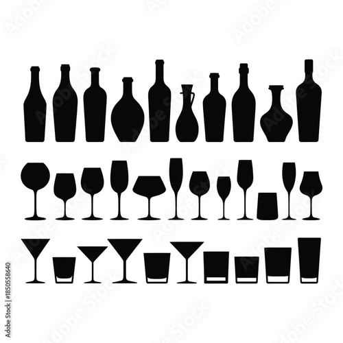 A collection of black silhouette glassware including bottles glasses and tumblers