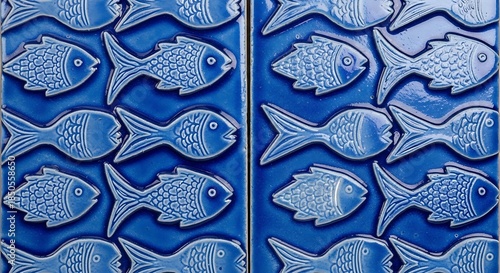 Blue Ceramic Fish Tiles on a Wall.