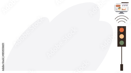 Traffic light with wireless signal and computer displaying analytics, representing urban planning, automation, and technology. Ideal for transportation, connectivity, IoT, data analysis, traffic