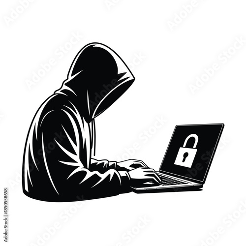 Hooded figure using a laptop with a lock symbol displayed