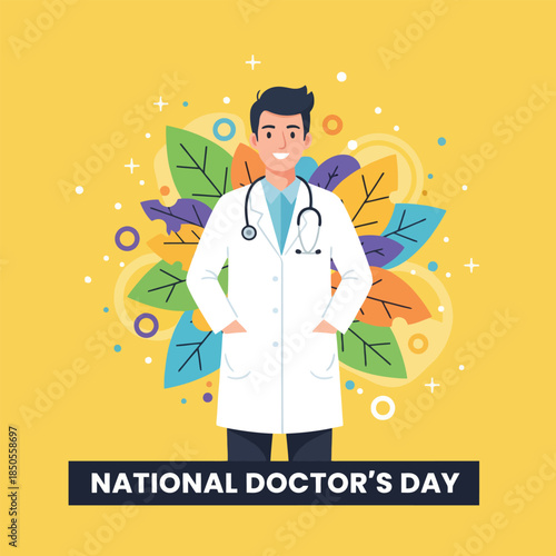 Happy National Doctor's Day Vector Illustration with Smiling Male Physician