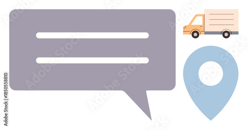Speech bubble with text lines, delivery truck, and location pin. Ideal for logistics, transportation, communication, delivery updates, tracking messaging and customer experience. Simple flat