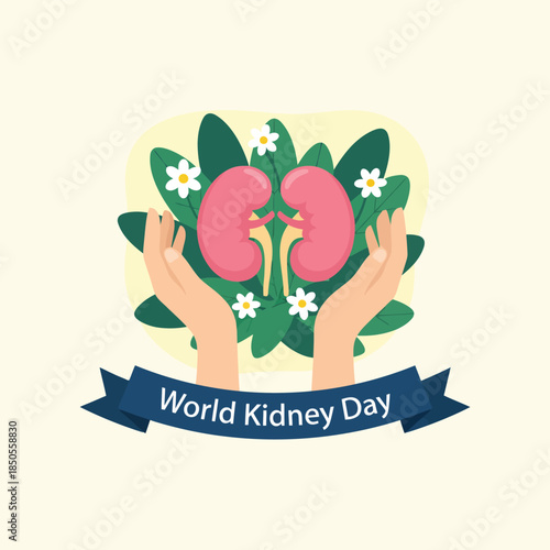 World Kidney Day Concept: Hands Cradling Kidneys with Floral Elements