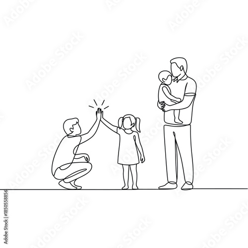 A heartwarming family moment parents and children in a simple line art
