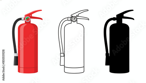 Vector illustrations of fire extinguishers in various styles on a white background
