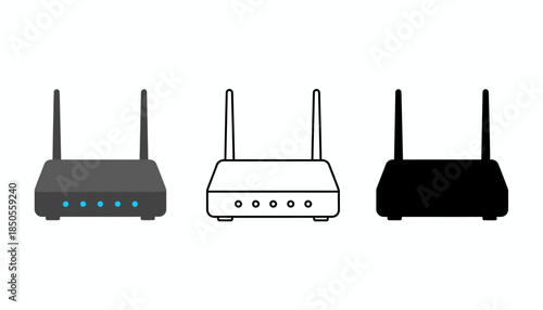Three wireless routers depicted in various styles against a plain white background from a frontal viewpoint