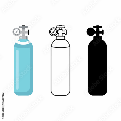 Three oxygen tanks with distinct designs and varying colors, showcasing different styles and purposes, in a simple illustration