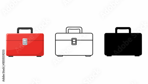 Three briefcases in red, white, and black on a white background