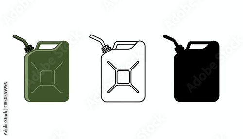 Three Gas Cans in Different Colors and Styles Isolated on White Background