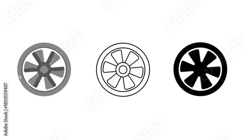 Three stylized wheel designs in varying shades and line styles on a neutral background