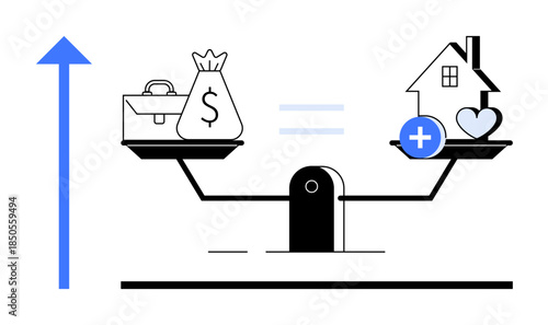 Financial balance concept. Balance scale showing trade-offs between wealth and quality of life. Financial decision-making and its impact highlighted. For finance, lifestyle, investments, and growth