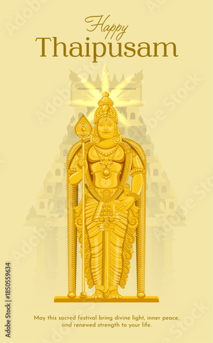 Minimal Thaipusam Festival Poster with Lord Murugan Golden Statue on Light Background