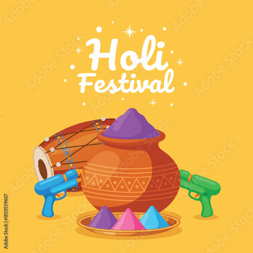 Vibrant Holi Festival Illustration with Gulal, Dhol, and Water Guns