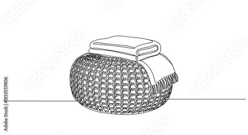 Line drawing of a cozy woven basket with a soft blanket on a transparent background, perfect for storage or decor in indoor settings with a minimalist design style.