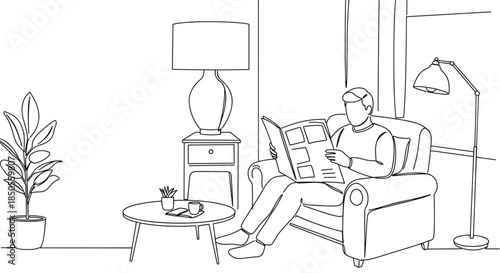 Line drawing of a man sitting on a couch reading a newspaper in a cozy living room with plants and lamps on a transparent background