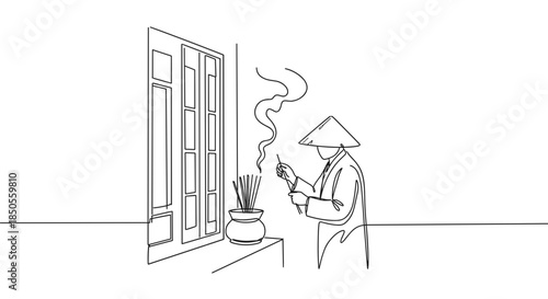 Line drawing of a person wearing a conical hat lighting incense in a pot next to a window with smoke rising, isolated on a transparent background