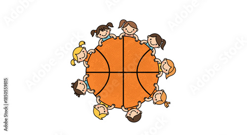 Group of diverse happy children standing in a circle holding onto a giant basketball against a plain white background.