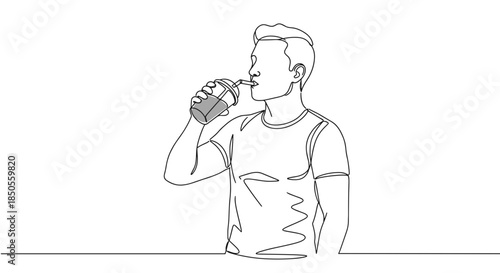 Line drawing of a man drinking a beverage in a casual style on a transparent background showing relaxed posture and simplified features