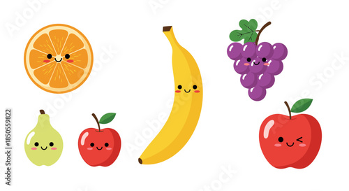 Selection of adorable fruit characters including an orange slice, banana, grapes, pear, and apples with smiling happy faces.