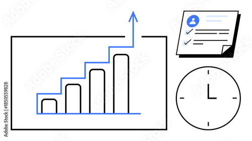 Bar chart with upward arrow, task checklist, and clock highlight growth, planning, and productivity. Ideal for business progress, goals tracking, time optimization, workflow project planning