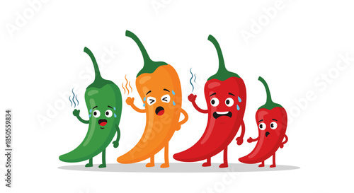 Four cartoon chili peppers in different colors and sizes with expressive faces showing varying levels of spicy heat and sweating.