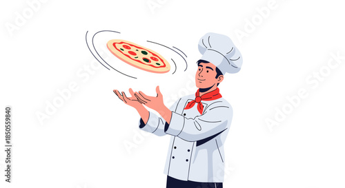 Smiling professional chef in a white uniform and hat tossing a pizza dough into the air with spinning motion lines.