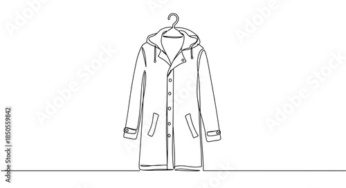 Line drawing of a long coat hanging on a hanger on a transparent background, showcasing the coat's details and design in minimalist style.