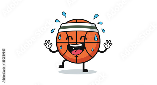 Happy basketball character wearing a headband and sweating profusely while celebrating with hands raised in the air.