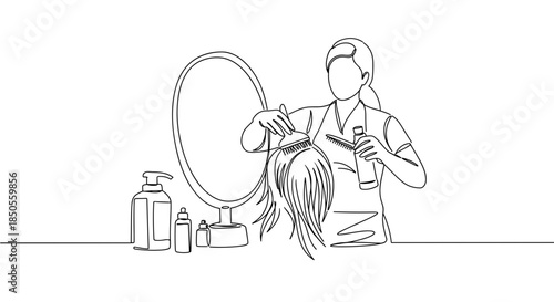 Line drawing of a hairdresser styling a wig in front of a mirror with hair products on a table, isolated on a transparent background