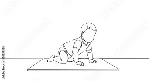 Line drawing of a baby crawling on a mat in a bright indoor setting with simple lines and minimal details on a transparent background